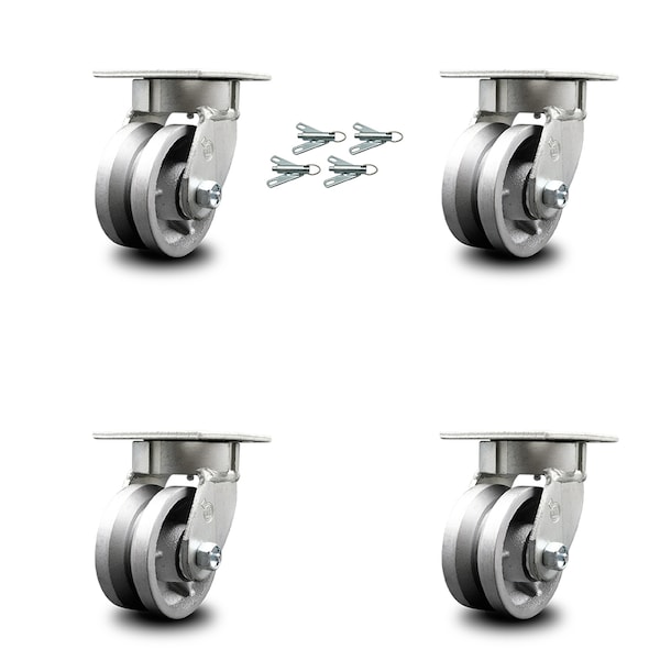 Service Caster 4 Inch Kingpinless V Groove Semi Steel Wheel Swivel Caster Set with Swivel Lock SCC-KP30S420-VGR-BSL-4 - main